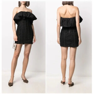 Self-Portrait Strapless Swiss Dot Mash Frill Mini Cocktail Dress Black